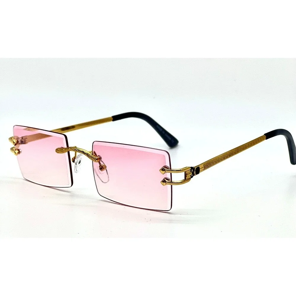 Rimless‎ Sunglasses Pink Lens Gold Frame Rectangle Fashion Shades Classic Retro